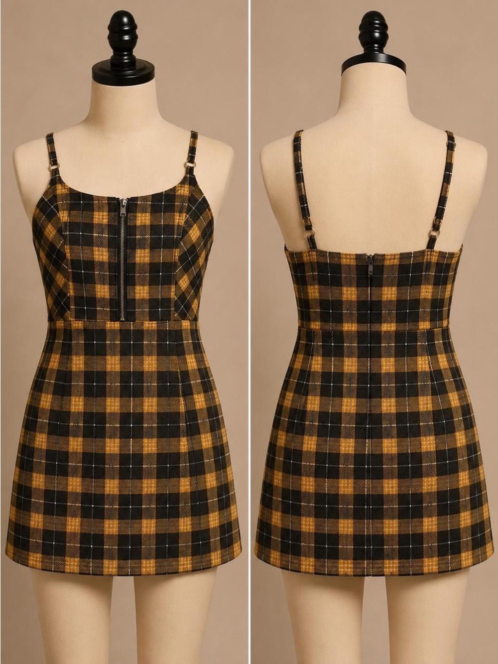 No Boundaries Black and Mustard Plaid Zip-Front Mini Dress